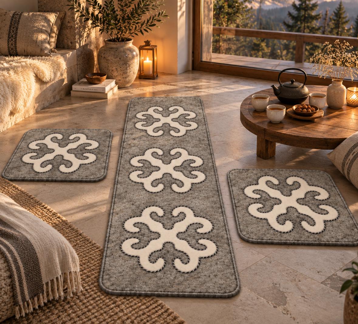 Set Tappeto e 2 coprisedie Grigio&Avorio