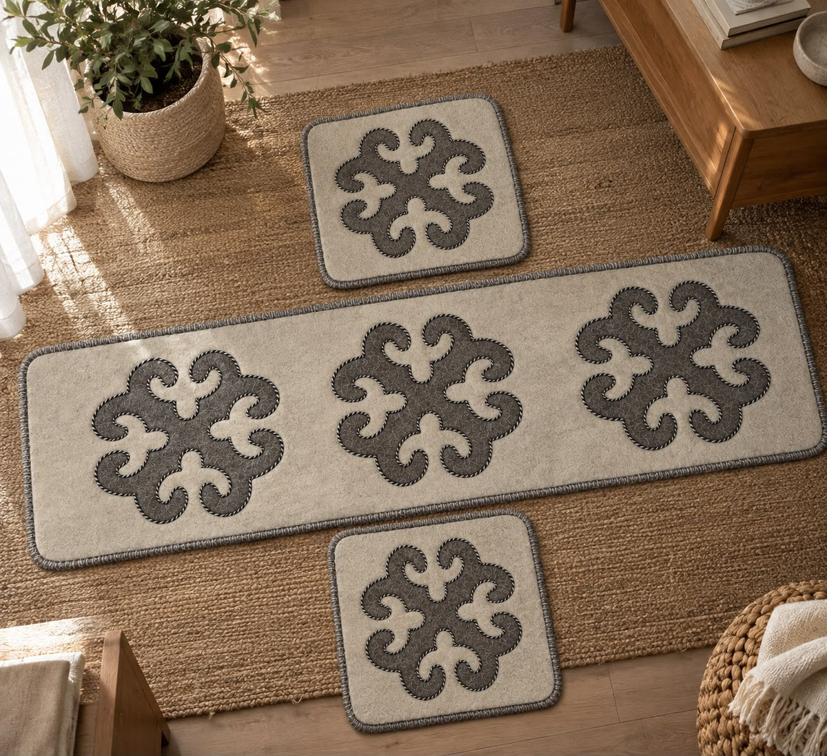 Set Tappeto e 2 coprisedie Avorio&Grigio