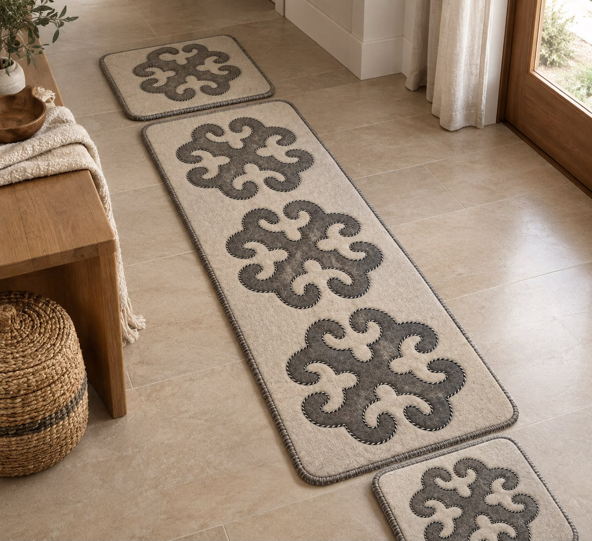 Set Tappeto e 2 coprisedie Avorio&Grigio
