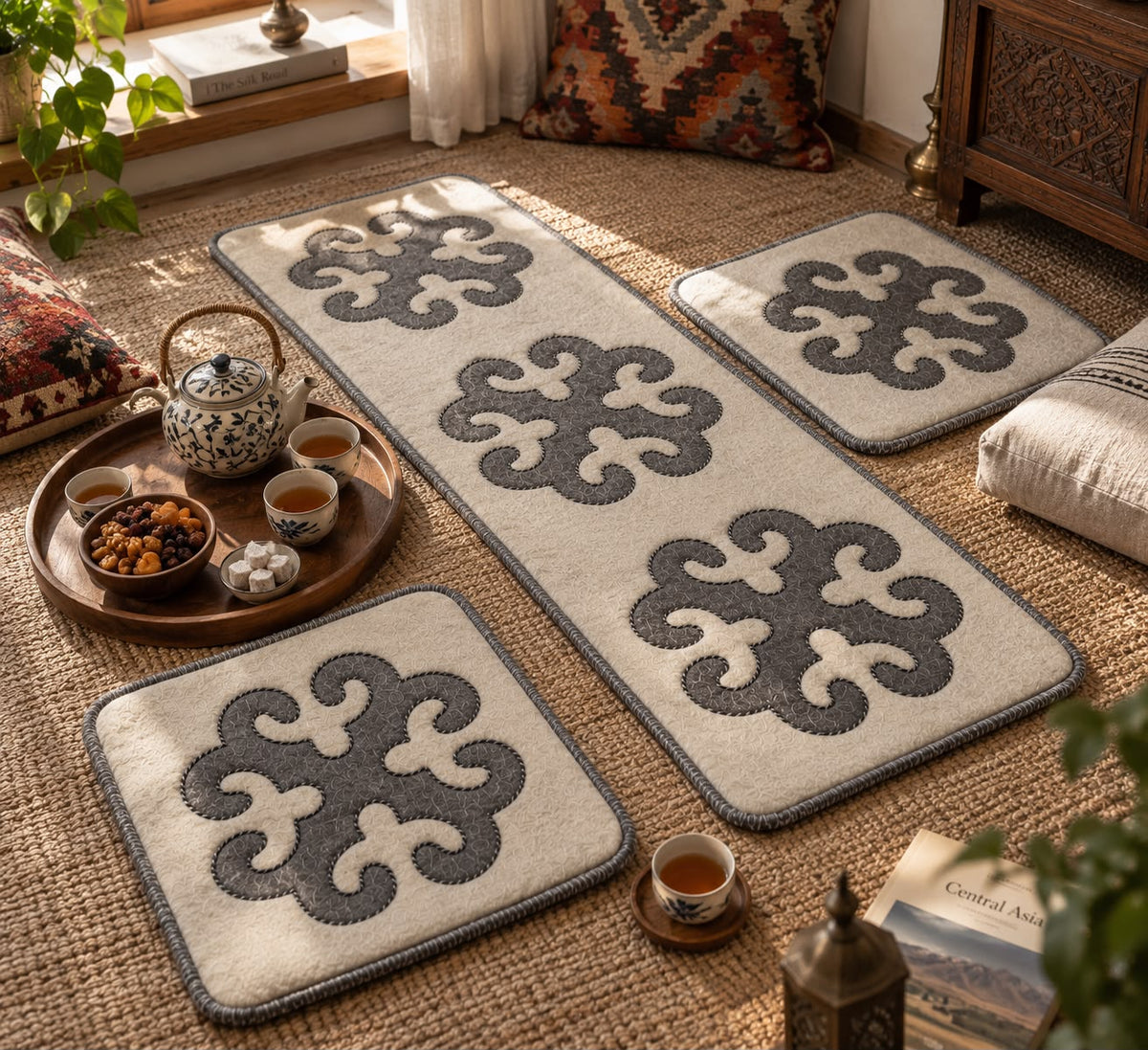 Set Tappeto e 2 coprisedie Avorio&Grigio