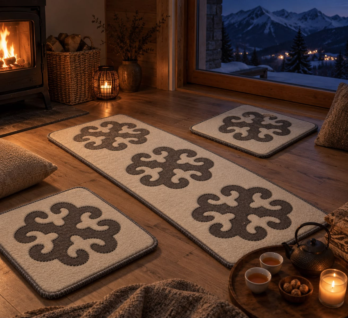 Set Tappeto e 2 coprisedie Avorio&Grigio