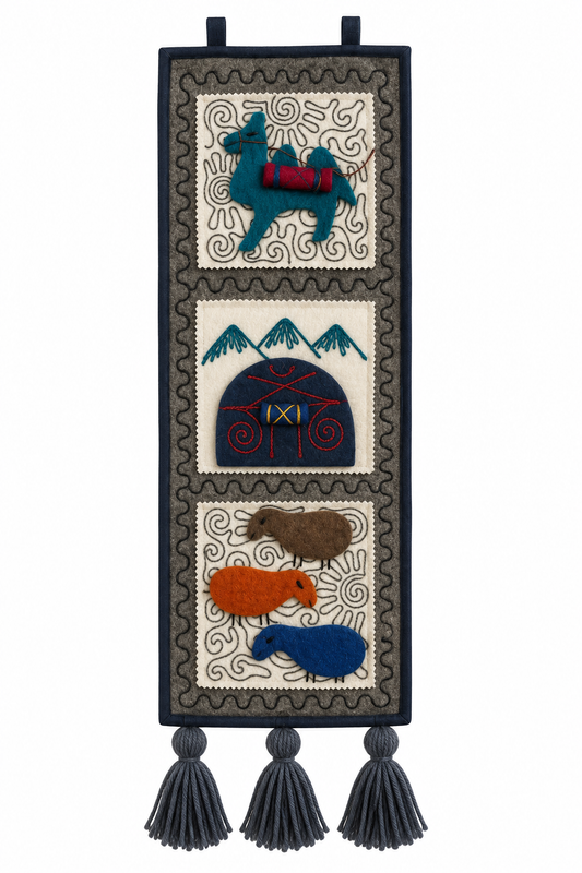 "Caravan Tales" felt organizer - Petrol Green Camel & Blue Yurt