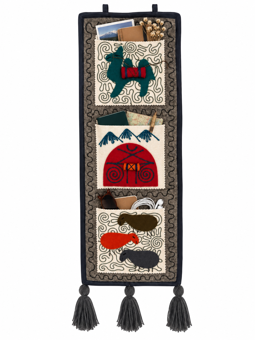 "Caravan Tales" felt organizer - Green Camel & Red Yurt