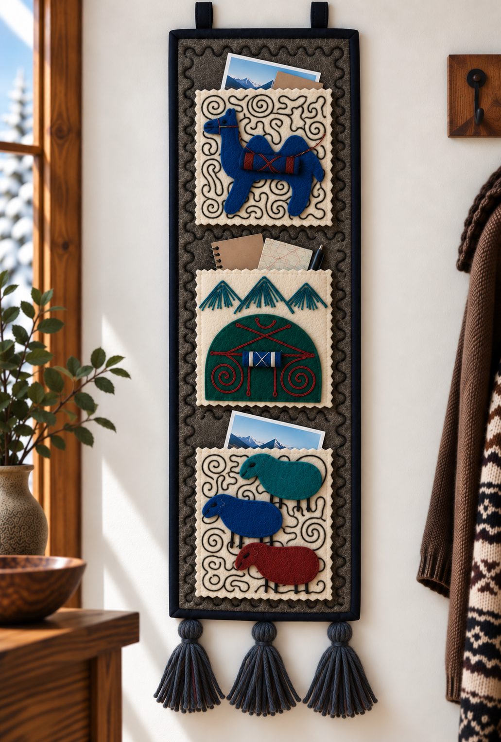 "Caravan Tales" felt organizer - Blue Camel & Green Yurt