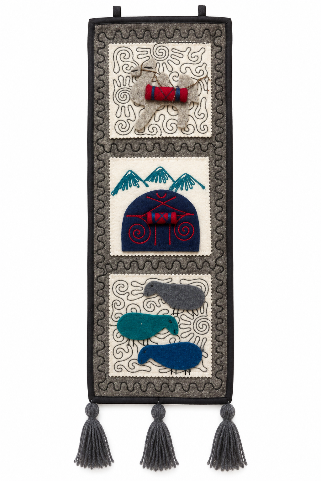 "Caravan Tales" felt organizer - Gray camel & Blue yurt